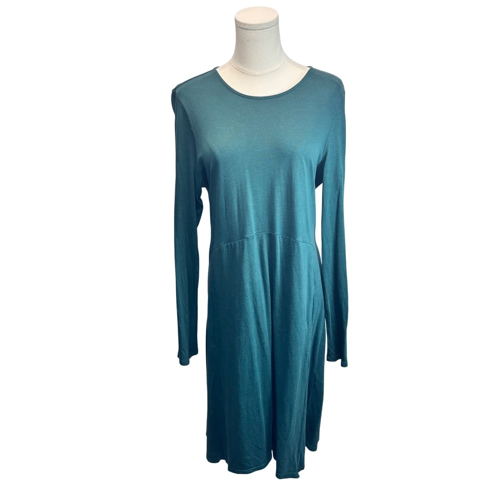 Pure Jill Swing Dress Teal Long Sleeve Dipped Hem Pima Cotton Modal Pockets S